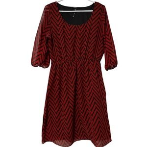 ESPRESSO Burgundy Grey 3/4 Sleeve Chevron Design Elastic Waist Dress Size Large